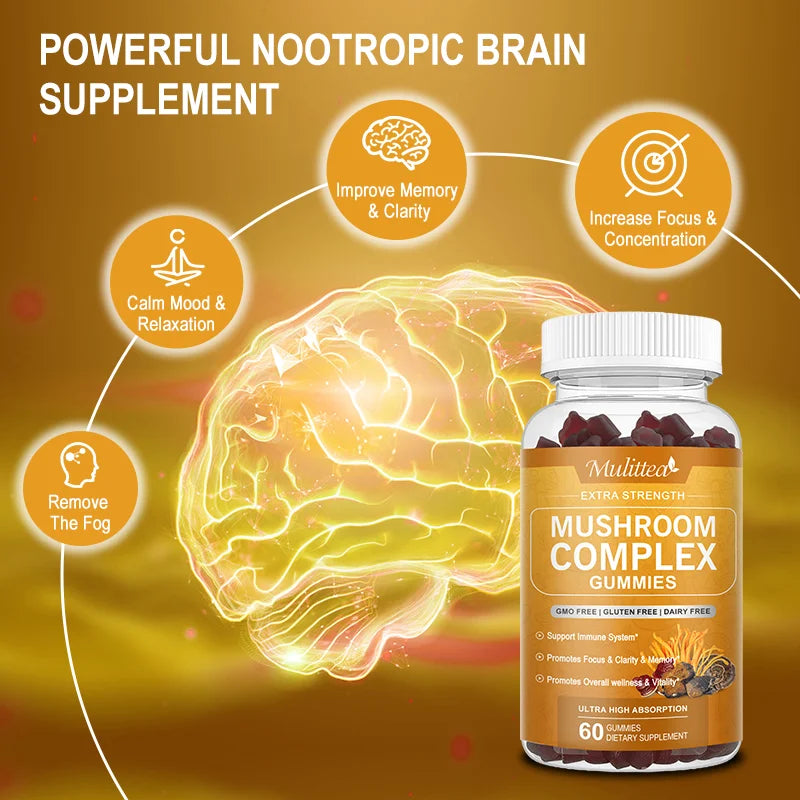 Lion’s Mane & Reishi Mushroom Complex Gummies – Nootropic Brain Booster for Focus, Memory, Immune & Stress Support